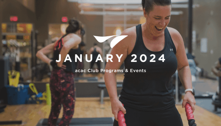 Person in athletic wear holding red resistance handles during a workout in a gym studio. The background shows another person exercising and various fitness equipment. Text overlay reads “January 2024 – acac Club Programs & Events.”