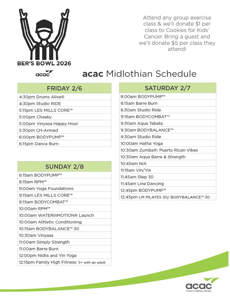 Ber's Bowl Group Exercise Class Schedule 2026 at ACAC Midlothian