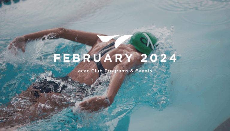 Swimmer wearing a green swim cap performing a backstroke in a pool, with splashing water around. Text overlay reads “February 2024 – acac Club Programs & Events.”