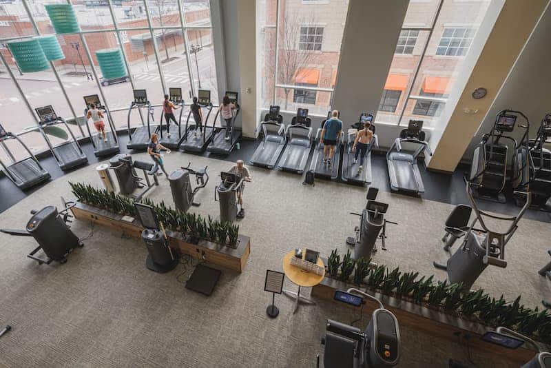 The image shows an indoor fitness center with a row of treadmills and elliptical machines positioned along large floor-to-ceiling windows. Several people are using the treadmills, while others are on different cardio machines. The space is bright with natural light coming through the windows, and outside, a street and brick buildings are visible. There are also planters with greenery dividing the equipment areas, and the flooring appears to be carpeted in a neutral tone.