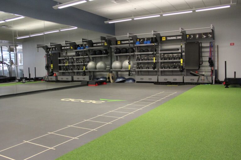 Indoor gym training area with green turf flooring, agility ladder markings, and a wall-mounted storage system holding exercise balls, kettlebells, dumbbells, resistance bands, and other fitness equipment.