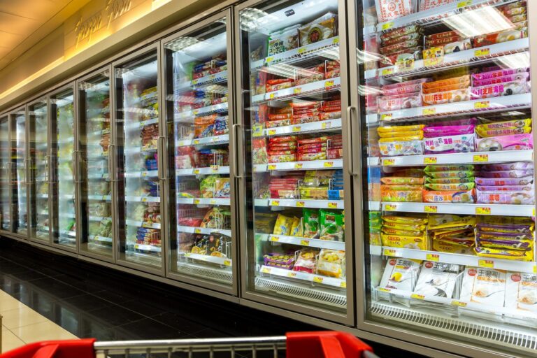 A row of glass-door freezers in a grocery store filled with various packaged frozen foods. The shelves are stocked with colorful items such as dumplings, noodles, and other frozen meals, with visible price tags beneath each product. A red shopping cart is partially visible at the bottom of the image, and the bright lighting highlights the organized arrangement of products inside the freezers
