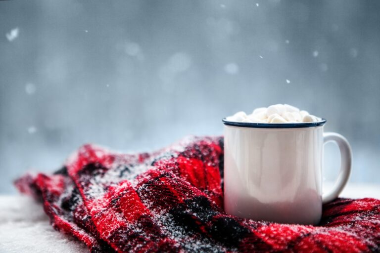 A white enamel mug filled with marshmallows is placed on a red and black plaid blanket sprinkled with snow. The background is softly blurred, showing falling snowflakes, creating a cozy winter scene. The overall setting suggests warmth and comfort during a snowy day
