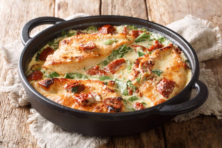 Creamy Tuscan chicken dish in a black cast-iron skillet, featuring seared chicken breasts, sun-dried tomatoes, spinach, and a rich cream sauce, placed on a rustic wooden table with a beige cloth underneath.